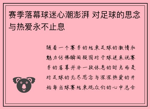 赛季落幕球迷心潮澎湃 对足球的思念与热爱永不止息