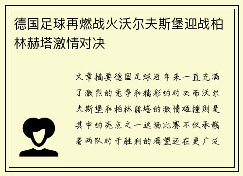 德国足球再燃战火沃尔夫斯堡迎战柏林赫塔激情对决
