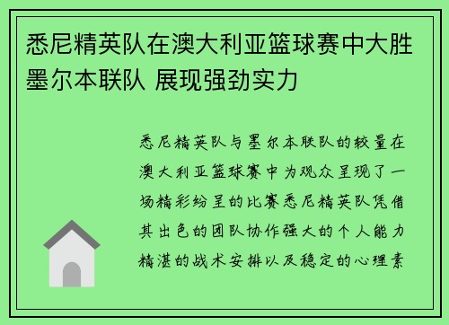 悉尼精英队在澳大利亚篮球赛中大胜墨尔本联队 展现强劲实力