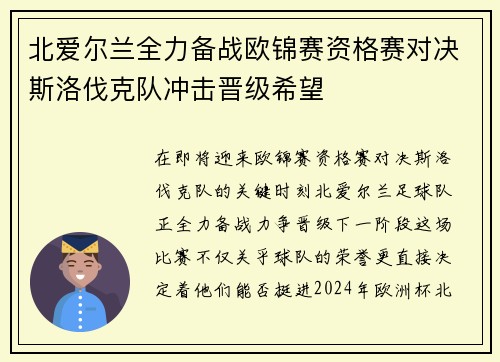 北爱尔兰全力备战欧锦赛资格赛对决斯洛伐克队冲击晋级希望