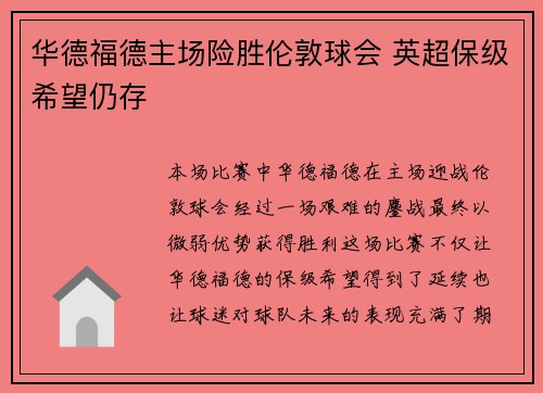华德福德主场险胜伦敦球会 英超保级希望仍存