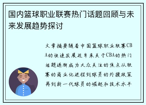 国内篮球职业联赛热门话题回顾与未来发展趋势探讨
